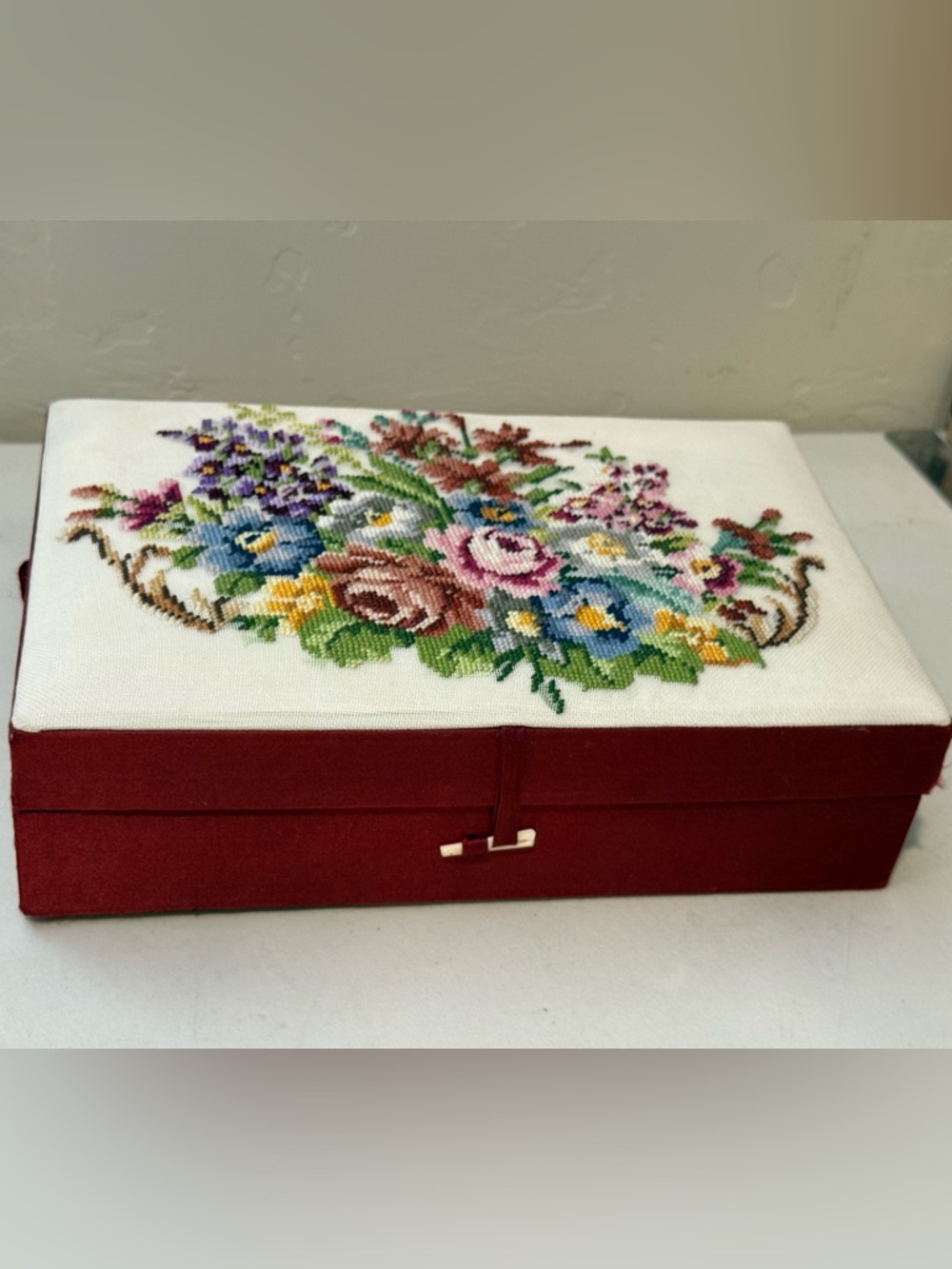 Floral Cross-Stitch Jewelry Box In Deep Burgundy Needlepoint